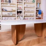 Antibes dining table with green marble top, full front view